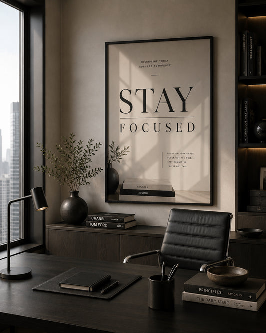 Stay Focused Typography Poster displayed in a modern home office.