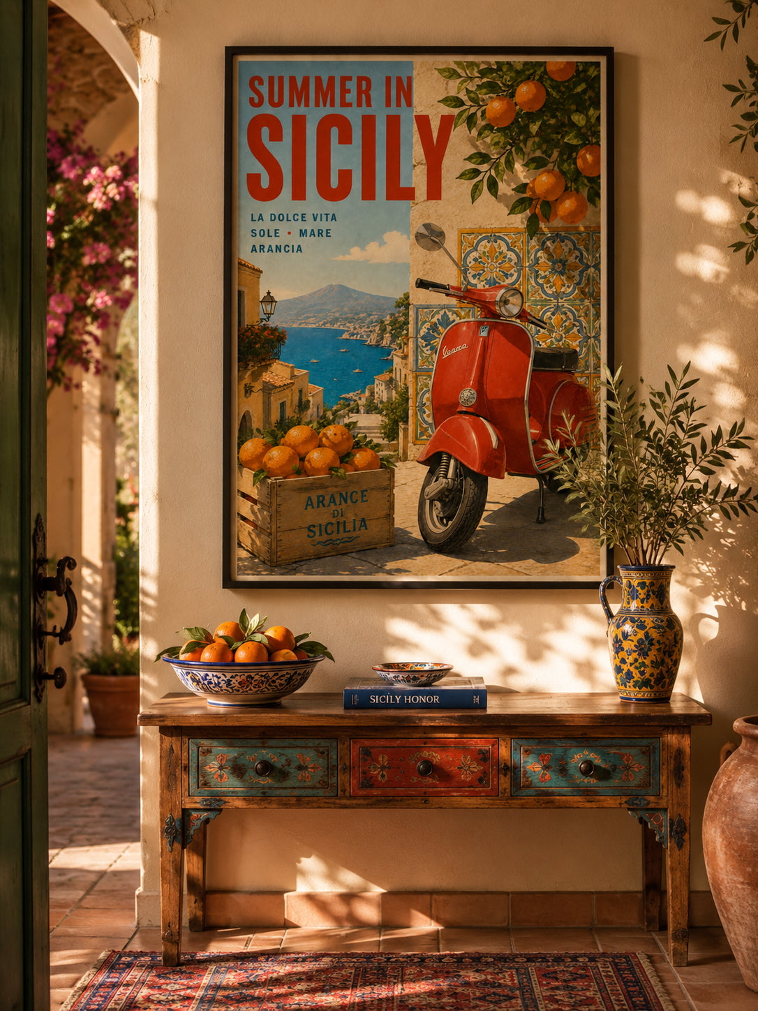 Summer in Sicily Travel Poster displayed in a warm Mediterranean-inspired interior with rustic Italian accents