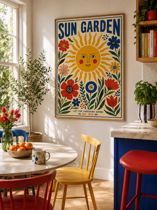 Sun Garden Poster displayed in a bright contemporary interior surrounded by colourful botanical accents