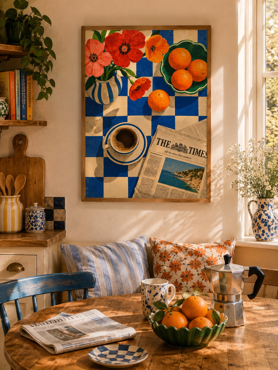 Sunday Morning Poster displayed in a colourful contemporary kitchen