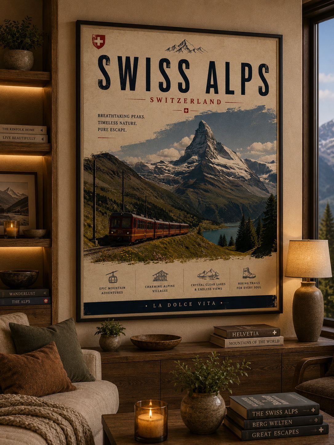 Swiss Alps Travel Poster displayed in a modern living room.