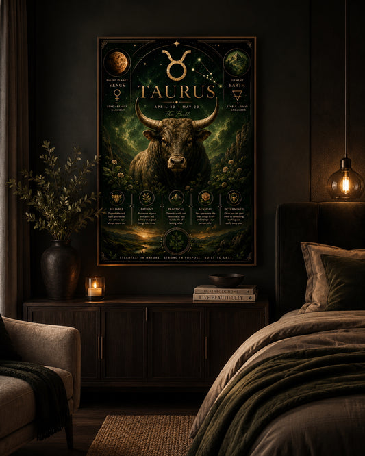 Taurus Zodiac Poster displayed in a modern bedroom.
