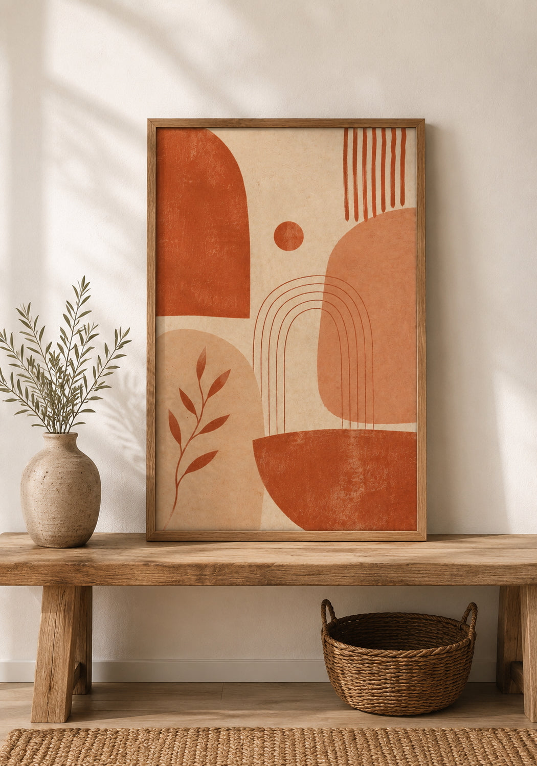 Terracotta No. 1 Abstract Poster displayed in a hallway.