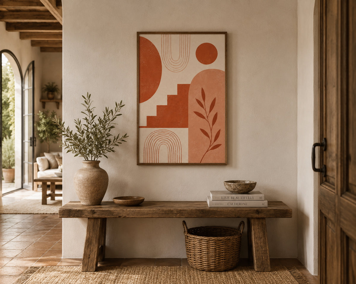 Terracotta No. 2 Abstract Poster displayed in a modern hallway.