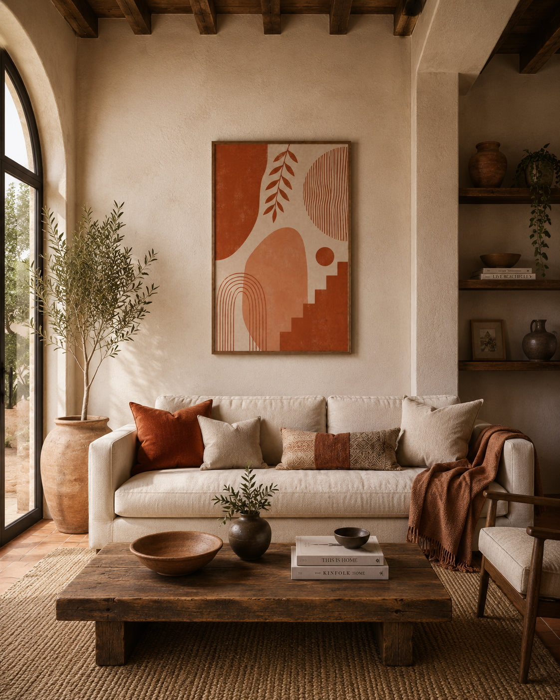 Terracotta No. 3 Abstract Poster displayed in a modern living room.