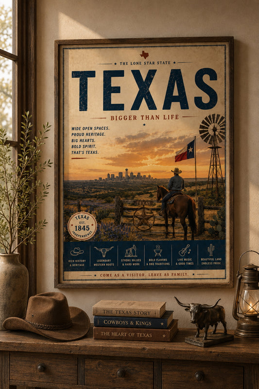 Texas Poster displayed on a desk.