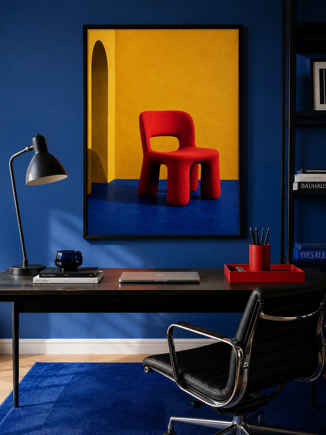 The Red Chair Poster displayed in a modern home office with deep blue walls