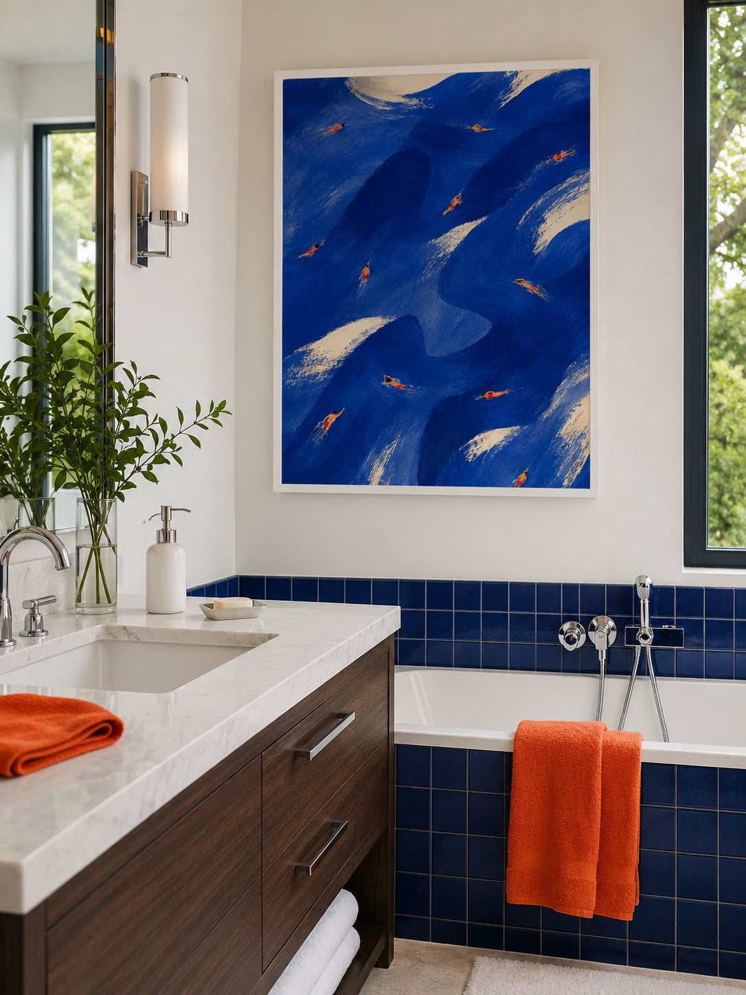 The Swimmers Poster displayed in a contemporary bathroom with cobalt blue tiles and orange accents