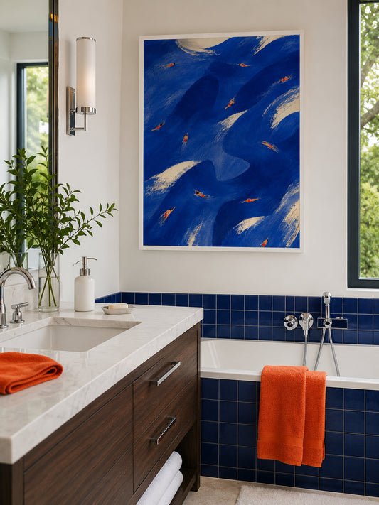 The Swimmers Poster displayed in a contemporary bathroom with cobalt blue tiles and orange accents