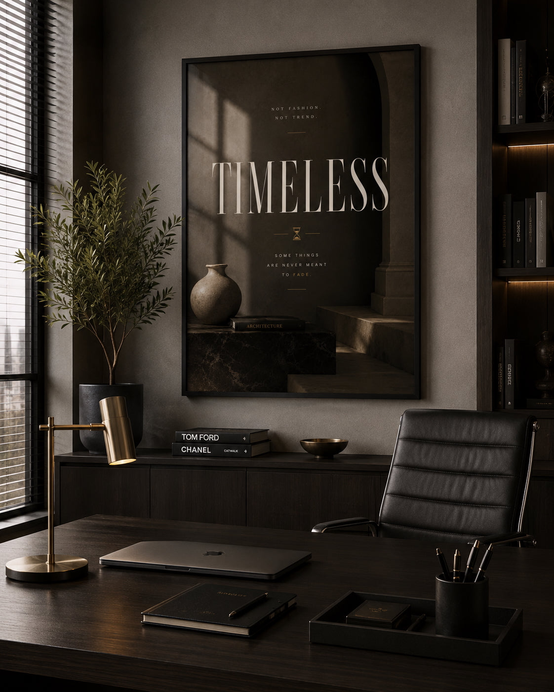 Timeless Typography Poster displayed in a modern office.