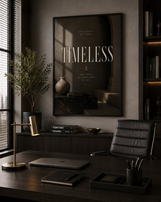 Timeless Typography Poster displayed in a modern office.