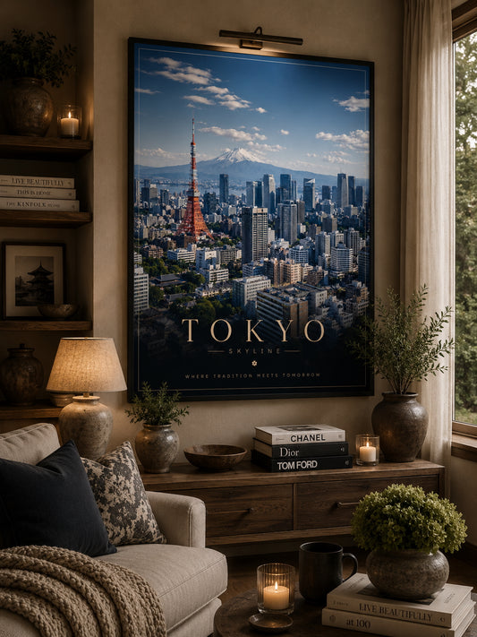 Tokyo Skyline Day Poster displayed in a modern living room.