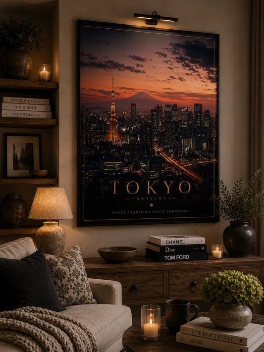 Tokyo Skyline at Night Poster displayed in a modern living room.