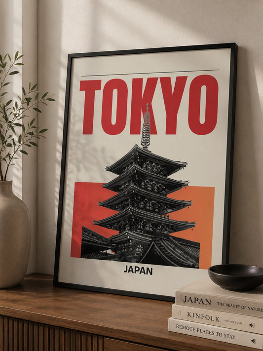 Tokyo Temple Travel Poster displayed on a desk.