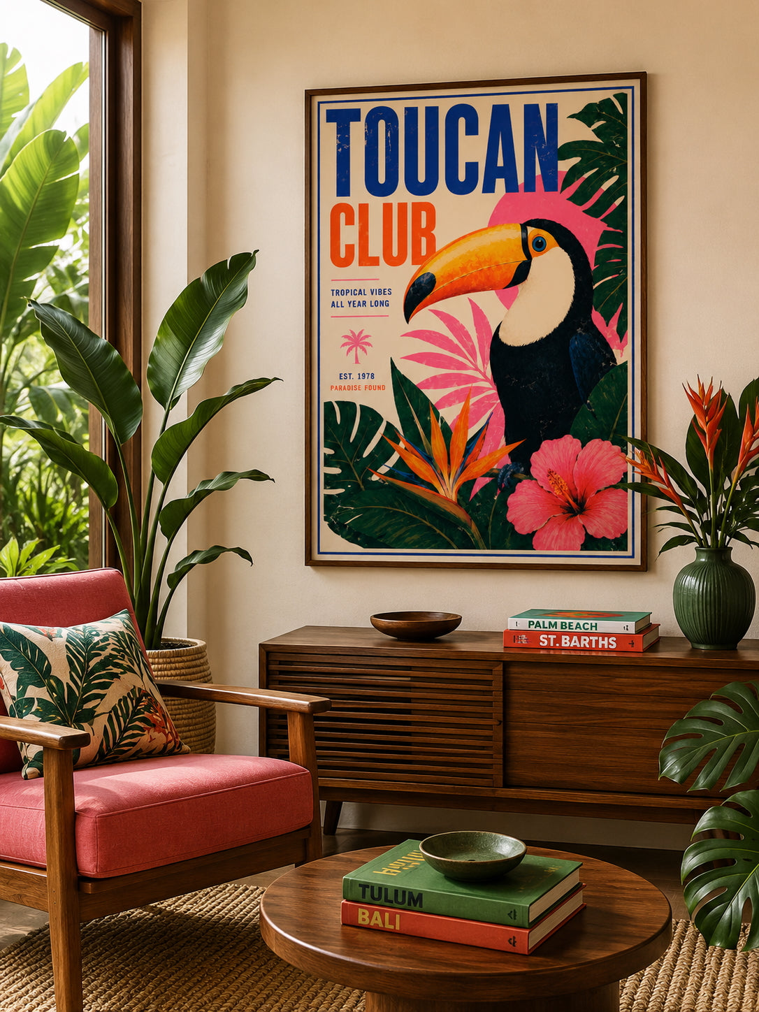Toucan Club Poster displayed in a colourful contemporary living room