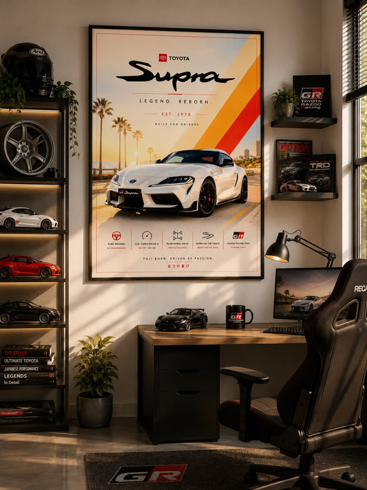 Toyota Supra Poster displayed in a modern home office.
