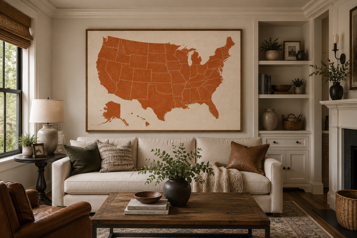 USA Map Poster displayed in a modern living room.