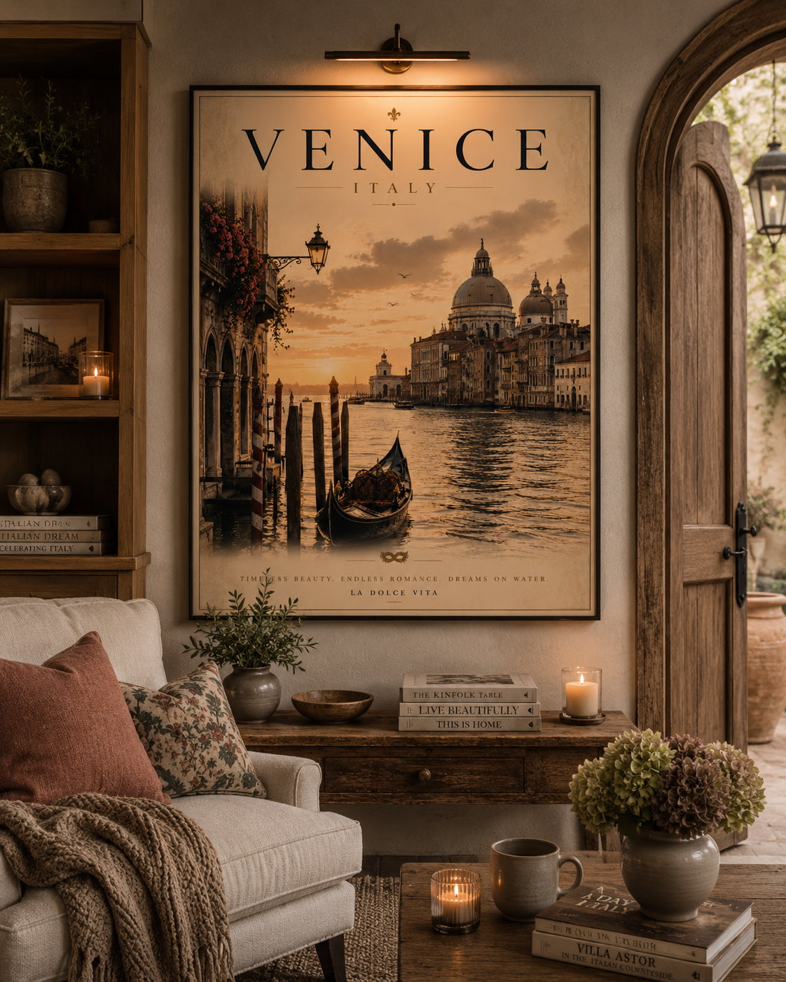 Venice Travel Poster displayed in a modern living room.