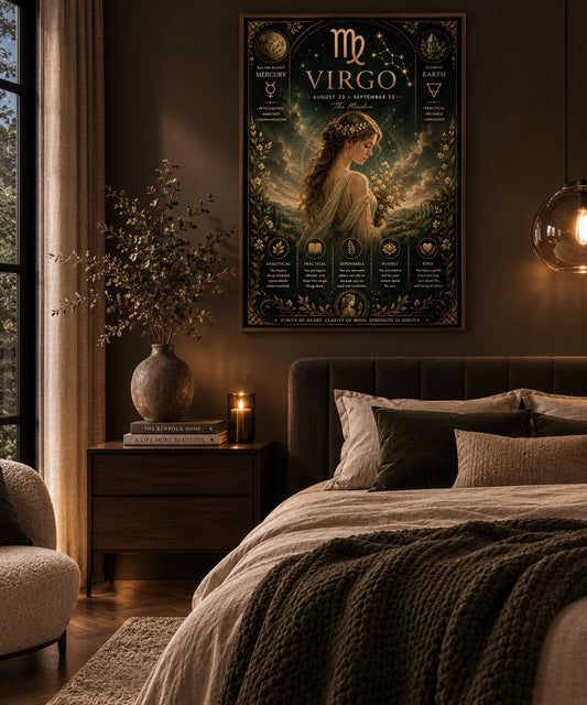Virgo Zodiac Poster displayed in a modern bedroom.