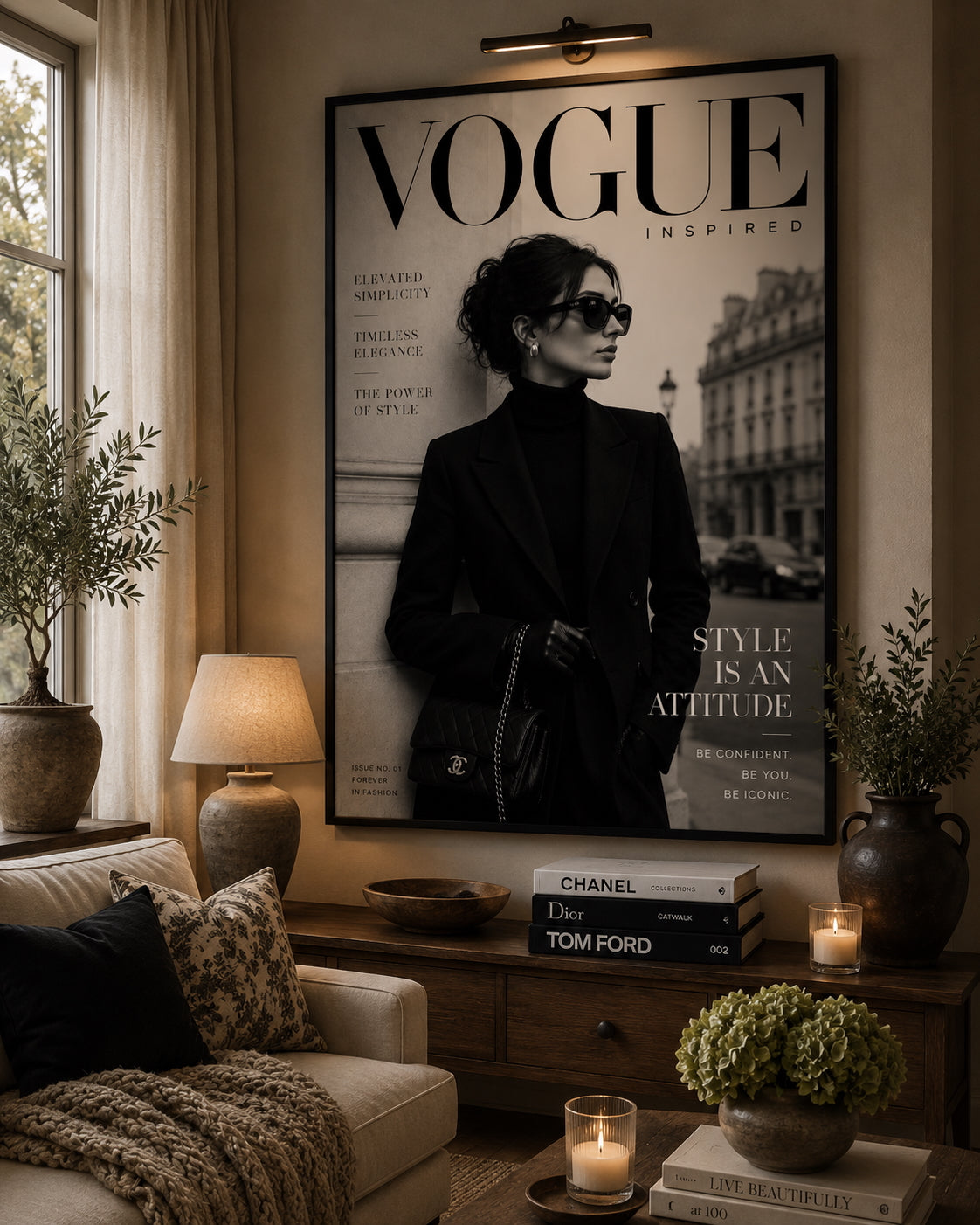 Vogue No. 1 Fashion Poster displayed in a modern living room.