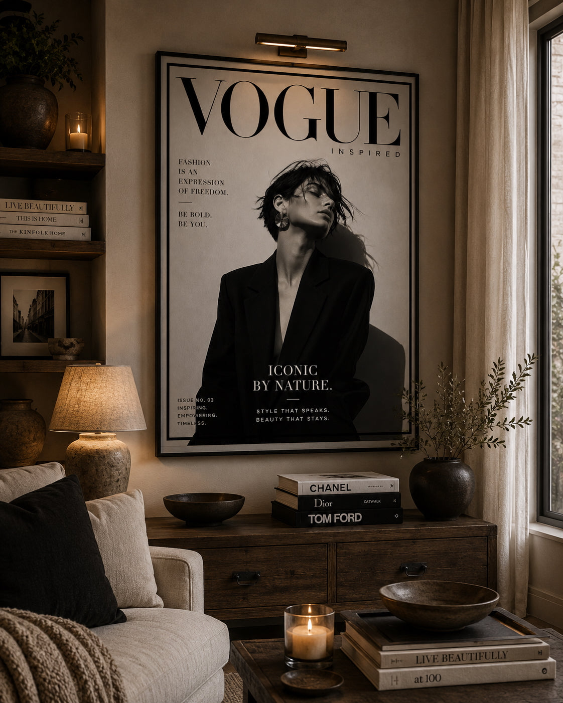 Vogue No. 3 Fashion Poster displayed in a modern bedroom.