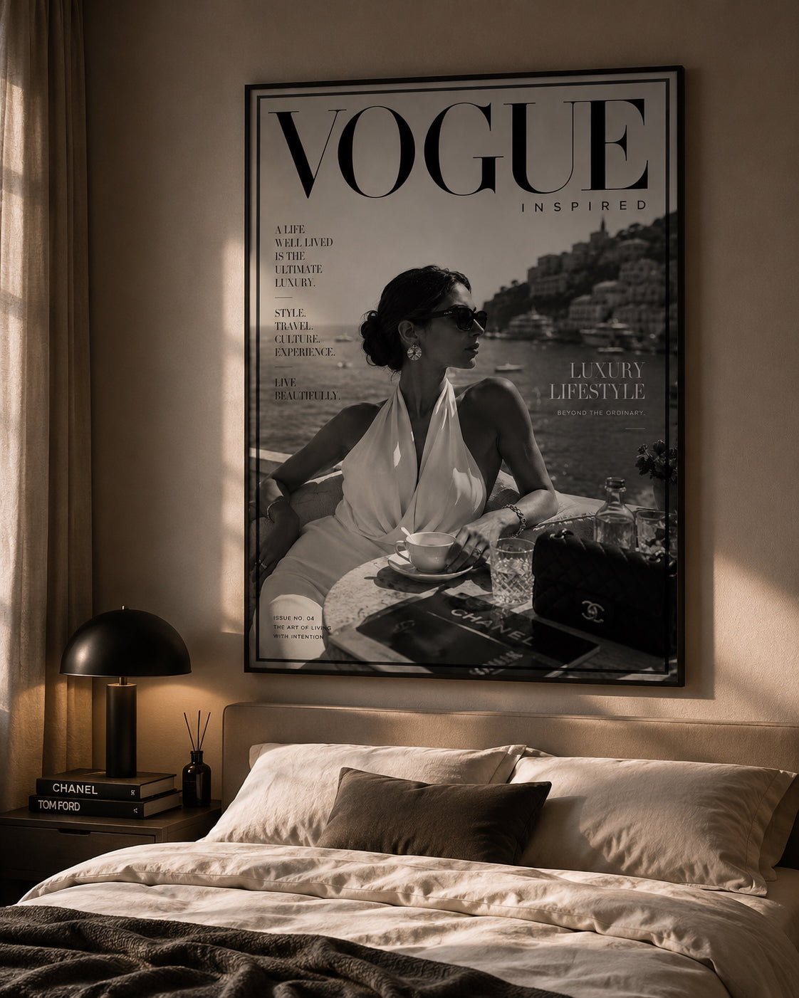 Vogue Lifestyle Poster displayed in a modern bedroom.