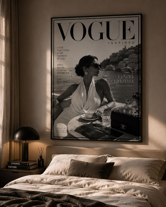 Vogue Lifestyle Poster displayed in a modern bedroom.