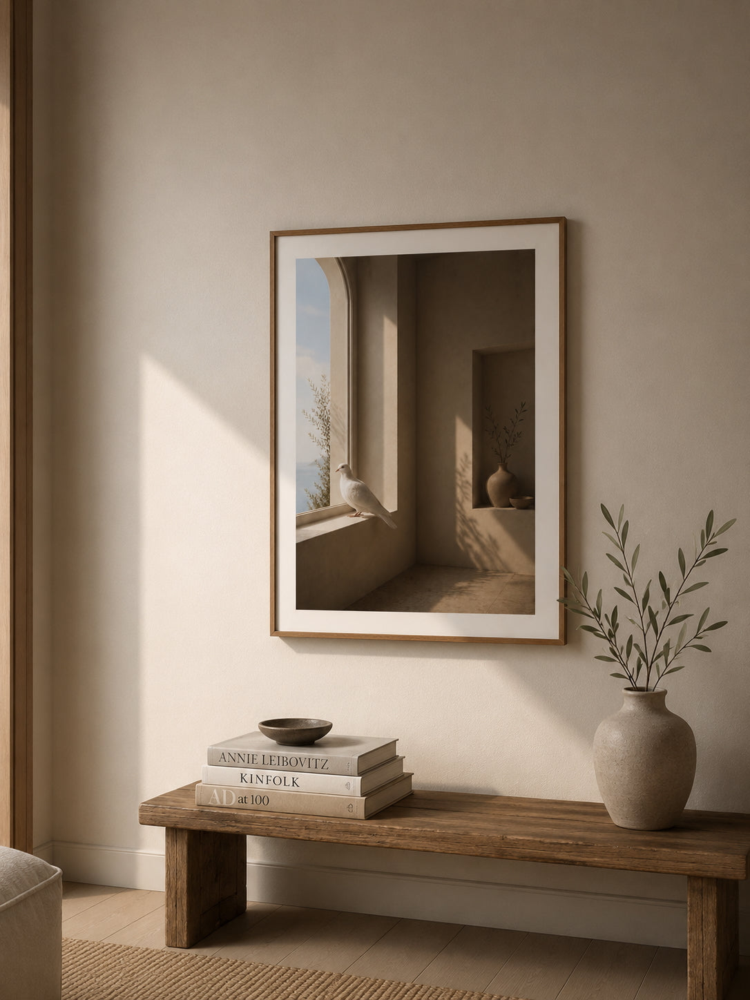 White Dove Poster displayed in a modern living room.
