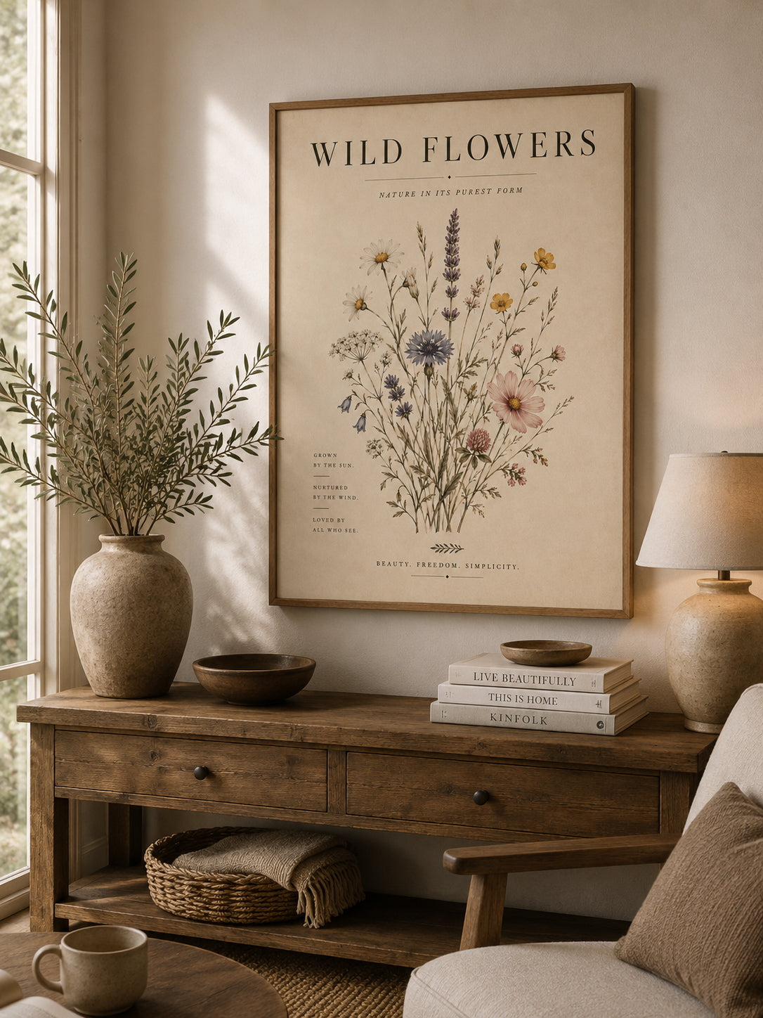 Wildflower Botanical Poster displayed in a modern living room.