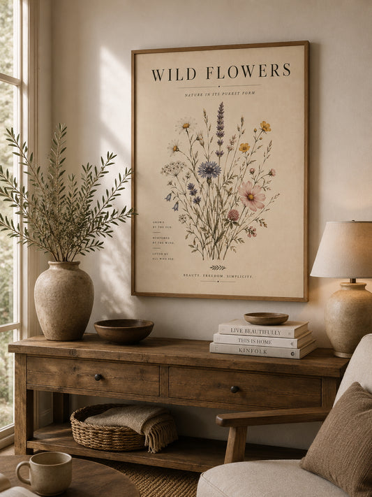 Wildflower Botanical Poster displayed in a modern living room.