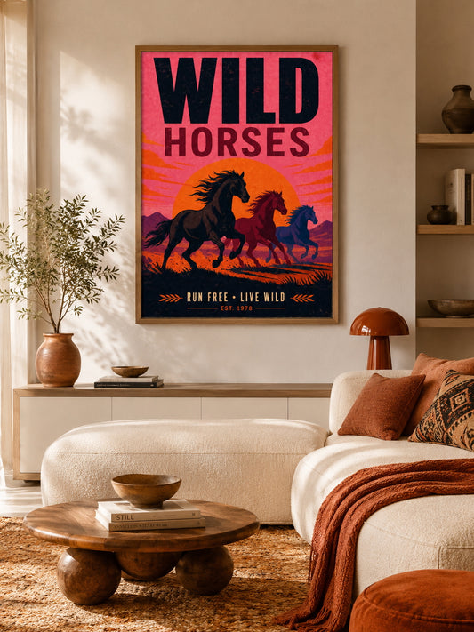 Wild Horses Poster displayed in a warm contemporary living room