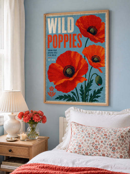 Wild Poppies Botanical Poster displayed in a bright bedroom with soft blue walls and warm floral accents