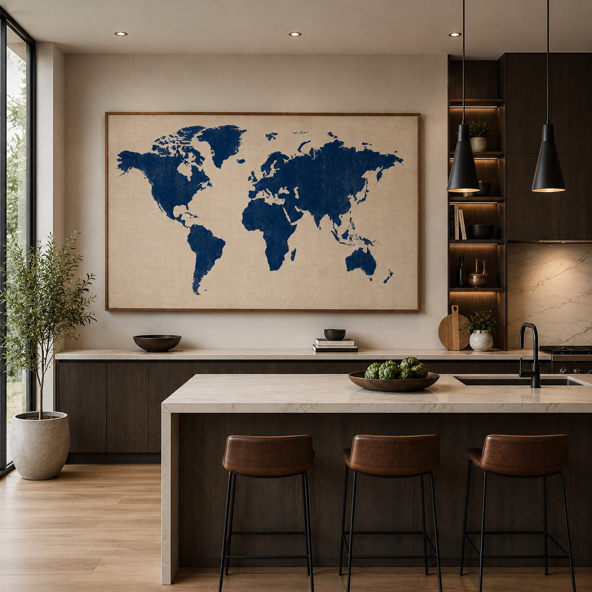 World Map Poster displayed in a modern living room.