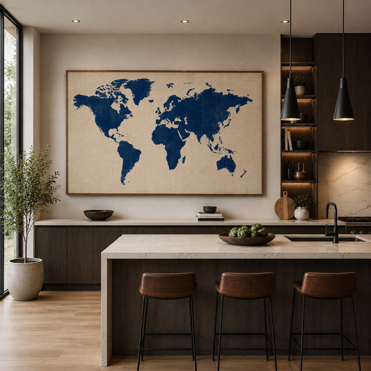 World Map Poster displayed in a modern living room.