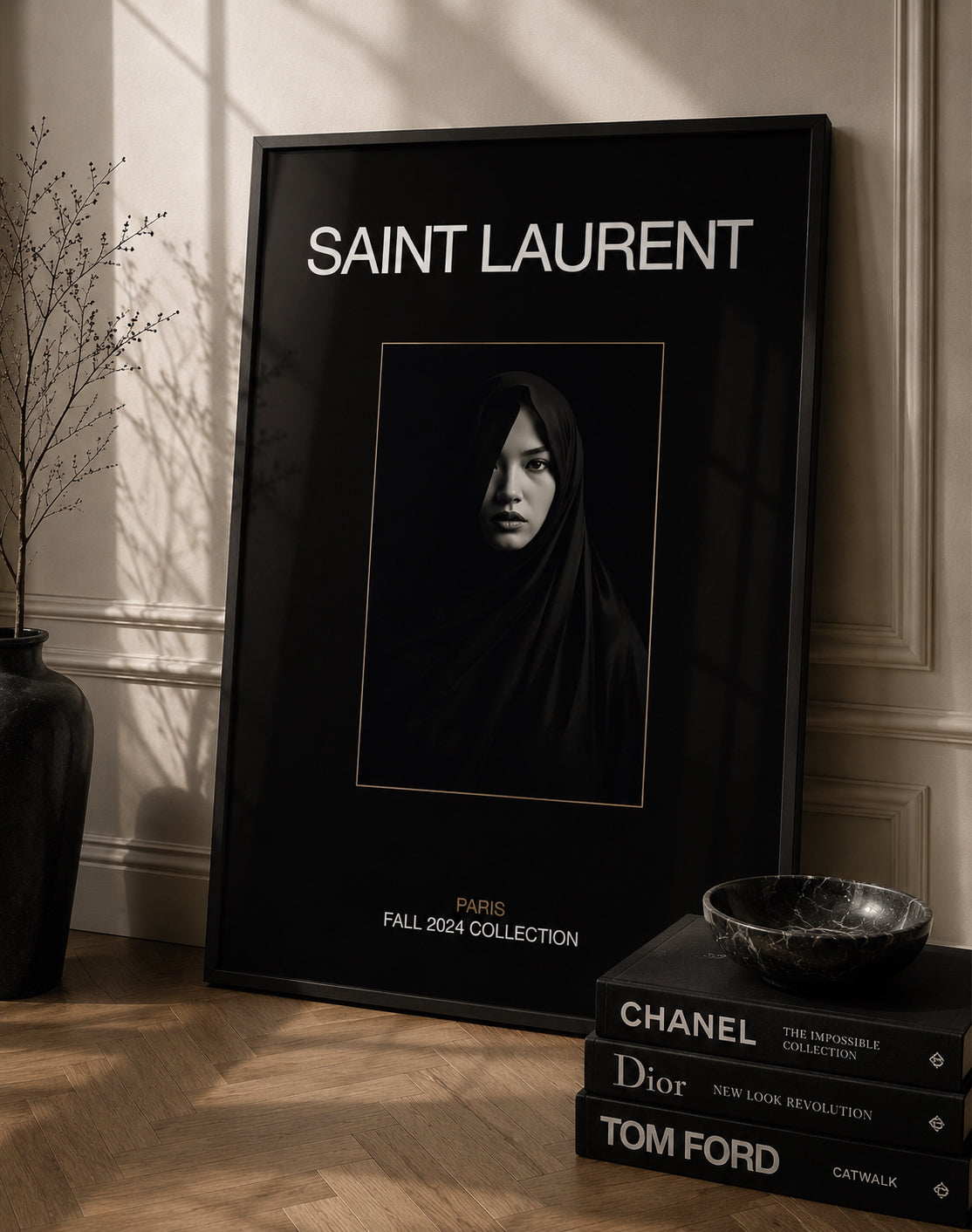 YSL No. 5 Fashion Poster in a modern living room interior