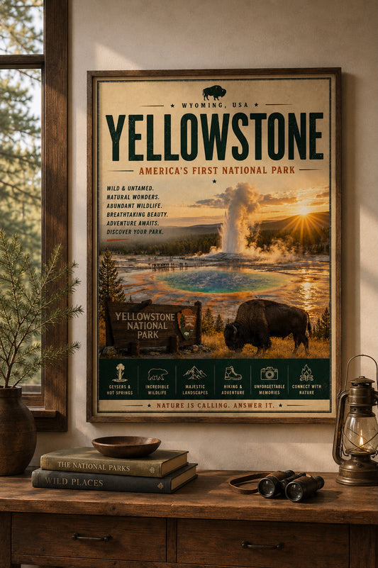 Yellowstone National Park travel poster displayed in a contemporary home.