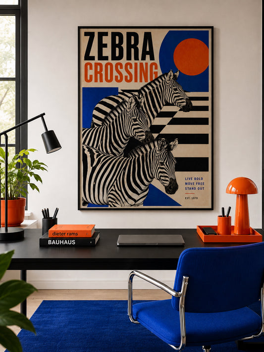 Zebra Crossing Poster displayed in a modern home office with bold blue and orange accents