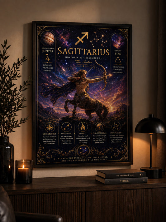 Sagittarius Zodiac Poster displayed in a modern living room.